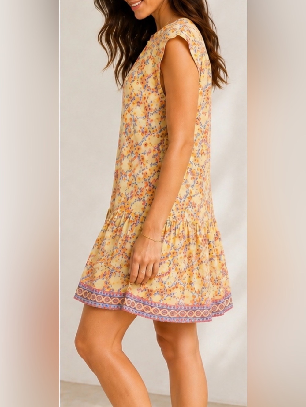 Poupette St Barth Amora Drop Waist Mini Dress Yellow Kookoo Bird Large NWT - Picture 3 of 16